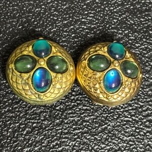 Cabochon Gripoix Gold Tone Green Blue Vintage Clip On Earrings